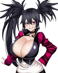 1girls big_breasts black_hair breasts camui_kamui_(hz_666v) choker cleavage dark_hair female female_only goth goth_girl gothic happy huge_breasts jacket large_breasts light-skinned_female light_skin magenta_eyes original pigtails smile solo spiked_hair thin thin_waist unzipped