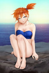 1girls bikini blue_eyes blush breasts easonx feet female female_only kasumi_(pokemon) legs legs_together misty_(pokemon) misty_(pokemon_rgby) nintendo orange_hair pokemon pokemon_rgby red_hair sea sitting smile solo water