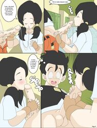 1boy 1girls big_penis black_hair blowjob blue_eyes blush botbot closed_eyes clothed comic dragon_ball dragon_ball_z english_text fellatio female humor licking_penis male page_9 penis precum precum_drip precum_string son_gohan text twintails videl wide_eyed