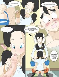 1boy 1girls big_penis black_hair blue_eyes blush botbot clothed dragon_ball dragon_ball_z english_text female handjob humor licking_penis male penis shounen_jump son_gohan text twintails videl