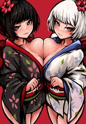 2021 2girls big_breasts black_hair blush breasts breasts_to_breasts character_request color demon demon_girl duo duo_focus flower flower_in_hair ghost hair hoozuki_no_reitetsu kimono lemudesu looking_at_viewer looking_up multiple_girls pinup red_background shiny_breasts shiny_skin short_hair simple_background smile tagme white_hair zashiki-warashi