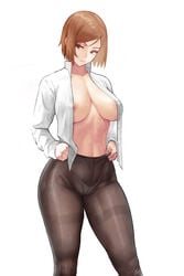 1girls 2d absurd_res areola areola_slip areolae belly belly_button big_breasts bob_cut breasts brown_hair cleavage cutesexyrobutts_(style) eyebrows eyelashes female female_focus female_only good_artwork highleg hips jujutsu_kaisen kugisaki_nobara large_breasts light-skinned_female light_skin looking_away navel nipple_bulge nipples nipples_visible_through_clothing no_bra no_pants nsfw open_shirt pale-skinned_female pale_skin panties_under_pantyhose pantyhose pantyhose_pull partially_clothed pink_nipples see-through_clothing shirt shirt_open short_hair simple_background solo solo_focus stomach thick thick_thighs thighs white_background white_panties white_shirt wide_hips zefra_bleu