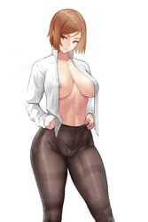 1girls 2d absurd_res areola areola_slip areolae belly belly_button big_breasts bob_cut breasts brown_hair cleavage cutesexyrobutts_(style) eyebrows eyelashes female female_focus female_only good_artwork highleg hips jujutsu_kaisen kugisaki_nobara large_breasts light-skinned_female light_skin looking_away navel nipple_bulge nipples nipples_visible_through_clothing no_bra no_pants open_shirt pale-skinned_female pale_skin panties_under_pantyhose pantyhose pantyhose_pull partially_clothed pink_nipples see-through_clothing shirt shirt_open short_hair simple_background solo solo_focus stomach thick thick_thighs thighs white_background white_panties white_shirt wide_hips zefra_bleu