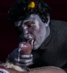 2020 2boys 3d 3d_(artwork) black_hair body_hair clothing dave_strider eyepatch fellatio freckles gay grey_skin homestuck homestuck^2 hopefulsquire horns karkat_vantas licking_penis male/male male_only ms_paint_adventures open_mouth oral penis precum precum_drip pubic_hair red_eyes short_hair tongue tongue_out troll white_skin yaoi