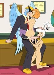 1boy 2girls adult_swim birdman_(character) birdman_(series) black_bow blowjob business_suit clothed_male_nude_female crossover female flick grinding hanna-barbera harvey_birdman harvey_birdman_attorney_at_law incest intergenerational_sex jane_jetson judy_jetson kissing kneeling lawyer legs_wrapped_around_partner male mask mother_and_daughter nipples office office_sex oral orange_hair penis purple_thighhighs sex_on_desk sitting_on_penis superhero the_jetsons thighhighs white_hair wing wings yellow_shoes