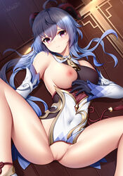 1girls blue_hair breasts ganyu_(genshin_impact) genshin_impact horns leotard looking_at_viewer one_breast_out pussy wsman