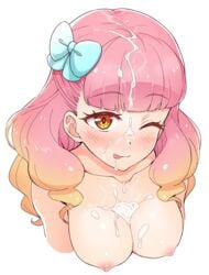 ;p aikatsu!_(series) aikatsu_friends! bangs between_breasts blue_bow blunt_bangs blush bow breasts collarbone cropped_arms cropped_torso cum cum_on_body cum_on_breasts cum_on_hair eyebrows_visible_through_hair facial female gradient_hair hairbow half_updo long_hair looking_at_viewer medium_breasts multicolored_hair nipples nude one_eye_closed orange_hair pink_hair portrait simple_background solo tongue tongue_out upper_body white_background yoban yuuki_aine