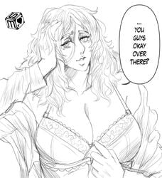 1girls attack_on_titan bra breasts cleavage english_text female female_only large_breasts monochrome pieck_finger rough_sketch sekushimagik shirt_pull sketch solo solo_female speech_bubble text