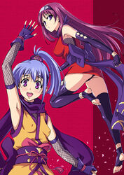 2girls arm_warmers armpits arms_behind_back arms_up armwear ass ass_focus back_view bandana bangs bare_shoulders blue_hair blush breasts feet female female_focus female_only fingerless_gloves fishnets front_view hair_between_eyes high_ponytail hinageshi_(kuroshichi) kimono kunoichi kuro_shichi large_breasts legs long_hair looking_at_viewer magenta_hair ninja nipple_bulge open_mouth original panties ponytail posing purple_eyes purple_ribbon ribbon scarf small_breasts smile stirrup_legwear stirrup_socks stirrup_thighhighs stockings sumire_(kuroshichi) thighhighs thighs toes waving