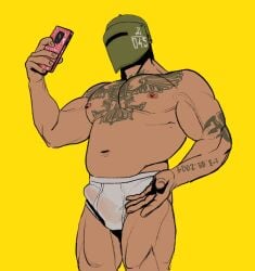 1boy arms bara erection hard_on helmet male muscular_male pecs rainbow_six rainbow_six_siege selfie smooth_skinned_male solo_male tachanka_(rainbow_six) tatoos tighty_whities tom_clancy ubisoft