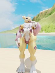 3d anthro beach bikini digimon female renamon thick_thighs tradelt wide_hips