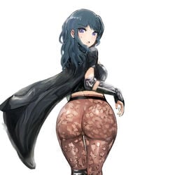 1girls armlet armor back_view big_butt black_cape black_clothes blue_eyes blue_hair boots breasts brown_legwear buredoran butt byleth_(fire_emblem) byleth_(fire_emblem)_(female) cape embarrassed female female_only fire_emblem fire_emblem:_three_houses floral_print lace-trimmed_legwear lace_trim large_butt leggings long_hair looking_at_viewer looking_back nintendo pantyhose patterned_legwear print_legwear shoulder_armor solo sweatdrop teal_hair vambraces