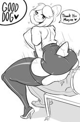 2021 :3 animal_crossing anthro ass big_ass big_breasts black_stockings blush canine chair clothed clothing comic cowgirl_position domestic_dog female heart high_heel_boots human isabelle_(animal_crossing) large_ass large_breasts latex latex_stockings looking_back male male_human/female_anthro monochrome negsus nintendo reverse_cowgirl_position sexually_suggestive sitting sitting_on_person skirt smile suggestive tailwag thick_thighs thighs tight_clothing voluptuous wide_hips yellow_fur