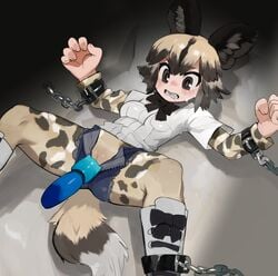 african_wild_dog_(kemono_friends) african_wild_dog_humanoid animal_humanoid black_eyes black_hair bodily_fluids bondage boots bottomwear canid canid_humanoid canine canine_humanoid chains clenched_teeth clothed clothing denim fangs female footwear genitals grey_hair hair hi_res hotpants humanoid kemono_friends legwear liteu mammal mammal_humanoid multicolored_hair no_underwear pussy restrained sex_toy shirt short_hair shorts simple_background solo solo_focus spots spread_legs spreading striped_tail stripes sweat teeth tights topwear undershirt unzipped unzipped_shorts vibrator