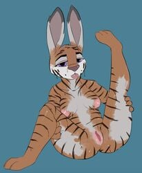 anthro breasts clitoris disney felid female fur furry furry_only hi_res judy_hopps lagomorph leporid mammal medium_breasts nipples nude pantherine pussy rabbit singafurian solo stretching tiger tongue tongue_out zootopia