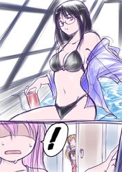 4girls bikini black_hair comic female_only glasses multiple_girls nishina_toriko open_mouth otherside_picnic partially_clothed pool poolside skimpy solo_focus sorawo_kamikoshi sweat that_pool toriko_nishina urasekai_picnic yuri