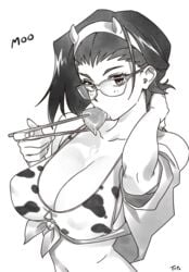 1girls big_breasts black_and_white breasts chopsticks cow_costume cow_print cowboy_bebop eating faye_valentine female food glasses grayscale greyscale hand_on_own_neck headband human looking_at_viewer monochrome optionaltypo sketch solo solo_female swimsuit