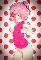 1girls 3d blush bottomless cometz doki_doki_literature_club female_only hairless_pussy hourglass_figure koikatsu natsuki_(doki_doki_literature_club) pink_hair short_hair small_breasts solo virgin_killer_sweater wink