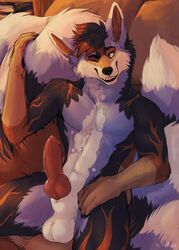 animal_genitalia animal_penis anthro balls canid canine canine_penis erection fluffy fluffy_tail fox furry genitals hi_res kinsheph knot male mammal mercury mercury_(flamemist) mercury_(mercuryf0x) penis pinup pose solo