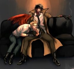 2boys balls belt_unbuckled black_hair blonde_hair blowjob boku_no_hero_academia burn_scar cigarette closed_eyes clothed clothing coat couch dabi detective feathered_wings feathers gay gloves hair_pull hand_on_hair hand_on_head hand_on_penis hawks_(my_hero_academia) head_grab keigo_takami ldnsfw male male/male my_hero_academia oral oral_sex penis penis_in_mouth penis_out scar scars takami_keigo tie todoroki_touya touya_todoroki white_pubes white_pubic_hair wings