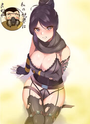 1boy 1girls 2d absurd_res apex_legends arm_support arm_under_breasts bangs belt black_bodysuit black_bra black_eyes black_hair black_panties black_underwear blue_eyes blush bodysuit bra breasts brown_belt clenched_teeth exposed_breasts exposed_panties exposed_thighs female garter_straps glaring hair_bun haneramu hi_res lace-trimmed_panties lace_trim large_breasts lingerie male panties parted_bangs scowl short_hair sitting sweat teeth thigh_strap tied_hair torn_clothes torn_pants underwear wardrobe_malfunction wraith_(apex_legends)