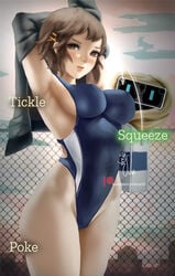 13_sentinels:_aegis_rim 1girls armpits arms_up bj_(13_sentinels) brown_hair large_breasts natsuno_minami nipples_visible_through_clothing one-piece_swimsuit school_swimsuit short_hair swimsuit weisart