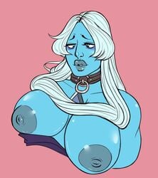 1girls blue_diamond_(steven_universe) blue_skin busty collar curvy huge_breasts kikis_tavern lips nude pink_background portrait solo steven_universe