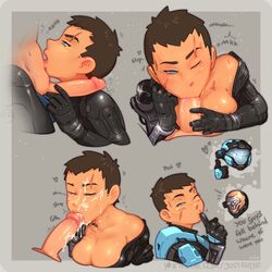 1boy 1girls 2d armor blowjob blue_eyes bodysuit brown_hair catherine-b320 cleavage closed_eyes clothed_sex cum cum_on_face dialogue emile_a239 english_text facial fellatio female female_human female_soldier female_spartan_(halo) grey_background halo_(series) halo_reach human justrube kat-b320 licking looking_at_viewer narrowed_eyes noble_six one_eye_closed oral penis penis_out precum rube scar scar_across_eye sequence sex short_hair soldier spartan_(halo) spartan_iii_(halo) tomboy unsc wink