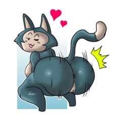 anthro anus ass big_breasts big_butt blue_body blue_fur breasts dipstick_tail domestic_cat dragon_ball felid feline felis female fur genitals heart hi_res mammal multicolored_tail nude one_eye_closed puar pussy rule_63 shaking_butt shortstack smile smooth_fur solo thick_thighs twerking wink wobbling