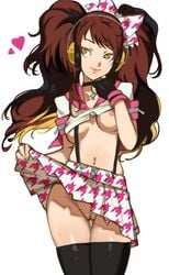 breasts brown_hair gloves hair_ribbon headphones heart kujikawa_rise labia long_hair looking_at_viewer nipples persona persona_4 persona_4:_dancing_all_night roropull shirt shirt_lift skirt skirt_lift smiling smiling_at_viewer thighhighs twintails undressing vagina white_background yellow_eyes