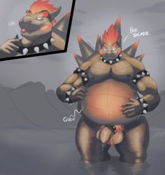 absurd_res anthro balls belly big_balls big_penis bodily_fluids bowser bowser's_fury cock_ring cum dergum dragon duo foreskin fury_bowser genital_fluids genitals hi_res macro male male/male male_only mario_(series) navel nintendo nipples non-mammal_navel nude oral_vore penis precum precum_drip pubic_hair rumbling_stomach simple_background size_difference solo stomach_noises super_mario_3d_world text thick_penis tongue uncircumcised uncut unretracted_foreskin video_games vore