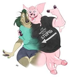 1boy 1girls anthro black_clothing black_shirt black_topwear bottomwear canid canine canis claws clothing conjoined diphallia diphallism domestic_pig duo english_text female fingers furry genitals goo_creature green_claws green_clothing green_shirt green_topwear hooved_fingers kobi_lacroix male mammal merging multi_genitalia multi_penis open_mouth penis shirt shorts smile suid suina surprised_expression sus_(pig) text topwear wolf