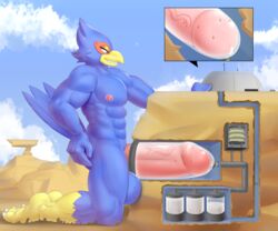 absurd_res anthro avian bird blue_body bodily_fluids building destruction erection falco_lombardi genital_fluids genitals gobanire hi_res internal macro male mammal mountain nintendo penetration penile penis penis_milking penis_milking_machine precum star_fox tunnel video_games worship