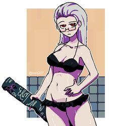 bikini danganronpa danganronpa_2:_goodbye_despair grey_hair looking_at_viewer nikkei_(artist) pekoyama_peko red_eyes smooth_skin wet wet_hair wet_skin