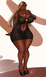 big_breasts black_dress blonde_hair huge_breasts necklace nectardreamz see-through_clothing tan_eyes tan_skin