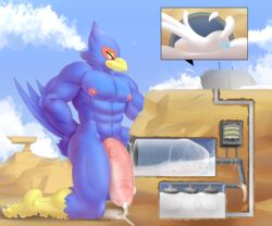 absurd_res after_sex anthro avian bird blue_body bodily_fluids building cum destruction falco_lombardi flooding genital_fluids genitals gobanire half-erect hi_res internal macro male_only mammal mountain nintendo penile penis penis_milking penis_milking_machine star_fox tunnel video_games worship