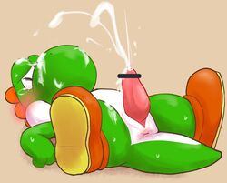 anthro anus blush bodily_fluids boots censor_bar clothing cum cum_on_face cum_on_self erection footwear genital_fluids genitals male male_only mario_(series) namoke nintendo penis solo spread_legs spreading tapering_penis video_games yoshi