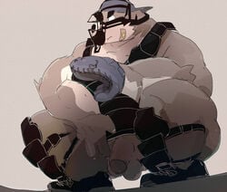 2020s 2021 anthro balls baseball_(sport) baseball_glove brown_body brown_fur dumdum flaccid fur genitals hi_res humanoid_genitalia humanoid_hands humanoid_penis kemono male mammal overweight overweight_male penis solo sport ursid