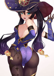 absurdres aqua_eyes ass back bangs bare_shoulders black_gloves black_hair black_legwear blue_headwear blue_leotard blush bodystocking breasts detached_sleeves earrings elbow_gloves female genshin_impact gloves gold_trim gulu_qaq hat hat_ornament highleg highleg_leotard highres huge_ass jewelry leotard long_hair looking_at_viewer looking_back medium_breasts mona_(genshin_impact) open_mouth pantyhose star_(symbol) star_earrings thighlet thighs twintails witch_hat