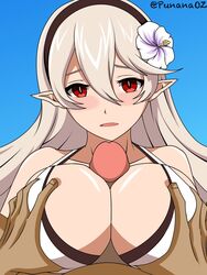 1boy 1girls alternate_breast_size alternate_costume big_breasts bikini breast_grab breasts corrin_(fire_emblem) corrin_(fire_emblem)_(female) corrin_(summer)_(fire_emblem)_(female) female fire_emblem fire_emblem_fates fire_emblem_heroes hair_flower large_breasts male nintendo open_mouth paizuri pink_glans punana red_eyes straight swimsuit white_bikini white_swimsuit