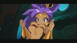 1girls accurate_art_style alternate_breast_size big_breasts blue_eyes breasts cleavage cleavage_overflow edit female female_only large_breasts purple_hair screenshot screenshot_edit shantae shantae_(character) smooth_skin solo underboob yetig