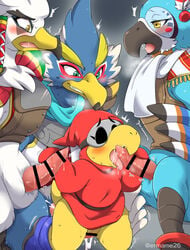 ambiguous_gender anal anthro avian balls bird blue_body blue_feathers blush bodily_fluids breath_of_the_wild censored clothing crossover cum erection eromame feathers genital_fluids genitals hi_res kass_(zelda) koopa licking male male/ambiguous mario_(series) nintendo oral penile penis penis_lick revali rito robe scalie sex size_difference teba_(tloz) the_legend_of_zelda toady_(mario) tongue tongue_out video_games white_body white_feathers yoshi's_island