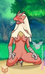 3_fingers absurd_res albinoraynedeer anthro avian blaziken breasts breath female fingers genitals hi_res nintendo panting penetration poke_ball poke_ball_insertion pokemon pokemon_(species) pussy solo vaginal_penetration video_games