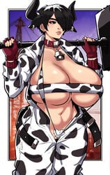 2021 4_ears absurd_res alecto_0 animal_humanoid animal_print bandeau bell bell_collar belt big_breasts bikini black_hair bovid bovid_humanoid bovine bovine_humanoid breasts cattle_humanoid clothed clothing collar coveralls cow_print ear_piercing facial_piercing female fingerless_gloves genitals gloves hair hammer handwear hi_res holding_object horn huge_breasts humanoid mammal mammal_humanoid multi_ear nose_piercing partially_clothed piercing pubes pussy pussy_floss short_hair sling_bikini solo swimwear tools topwear