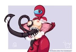 1girls among_us areolae bodysuit breasts breasts_out broken_visor clothed clothing female female_only flashing helmet large_breasts monster monster_girl open_bodysuit open_clothes partially_clothed polygonheart solo standing steam stomach_mouth tentacle thepolygonheart