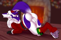 all_fours anus ass ass_up balls bell blue_eyes christmas christmas_clothing christmas_headwear clothing costume fireplace fur genitals hat headgear headwear hi_res holidays jingle_bell looking_at_viewer looking_back male multicolored_body multicolored_fur omez penis presenting presenting_hindquarters purple_body purple_fur rear_view santa_costume santa_hat sergal solo tikk white_body white_fur