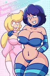 2girls arm_sleeves ass belly_button big_ass big_breasts big_butt bimbo blonde_hair blue_eyes blue_hair bluu_(daisy-pink71) bra breasts choker clothed clothed_female comic comic_cover crown daisy-pink71 daisy_(daisy-pink71) dress english_text female female_focus female_only females females_only fully_clothed large_breasts looking_at_each_other multiple_girls navel night_dress original original_characters panties text thick_thighs thighhighs thong underwear watermark wide_hips