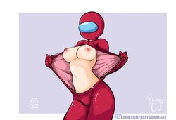 1girls among_us areolae bodysuit breasts breasts_out clothed clothing female female_only flashing helmet large_breasts open_bodysuit open_clothes partially_clothed polygonheart solo standing thepolygonheart