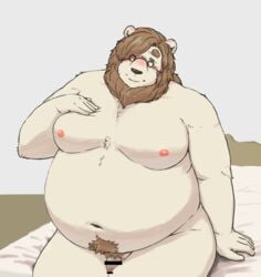 2021 anthro bed belly blush eyewear felid furniture furry genitals glasses hi_res humanoid_hands kemono lion male mammal maron2475 moobs navel nipples overweight overweight_anthro overweight_male pantherine penis pubes sitting solo