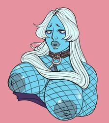 1girls blue_diamond_(steven_universe) blue_skin busty collar curvy huge_breasts kikis_tavern lips pink_background portrait solo steven_universe